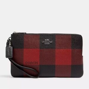 NEW COACH buffalo plaid / check double zippered wristlet / wallet - red & black